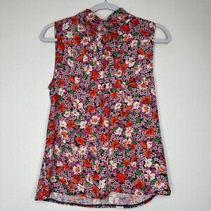 Ann‎ Taylor Floral High Neck Blouse Size XS Sleeveless Career Boho Tie